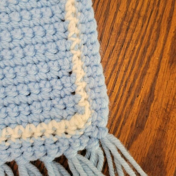 Vintage Crochet Blue & Cream Checkered Afghan Blanket With Fringe Edge, Handmade - Picture 5 of 10